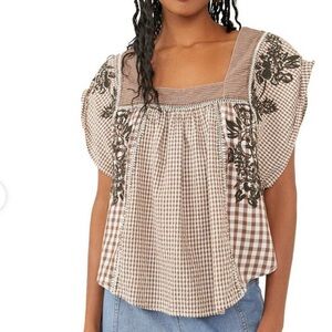 Free People We The Free Cropped Smock Style Top, Checkered with Embroidery